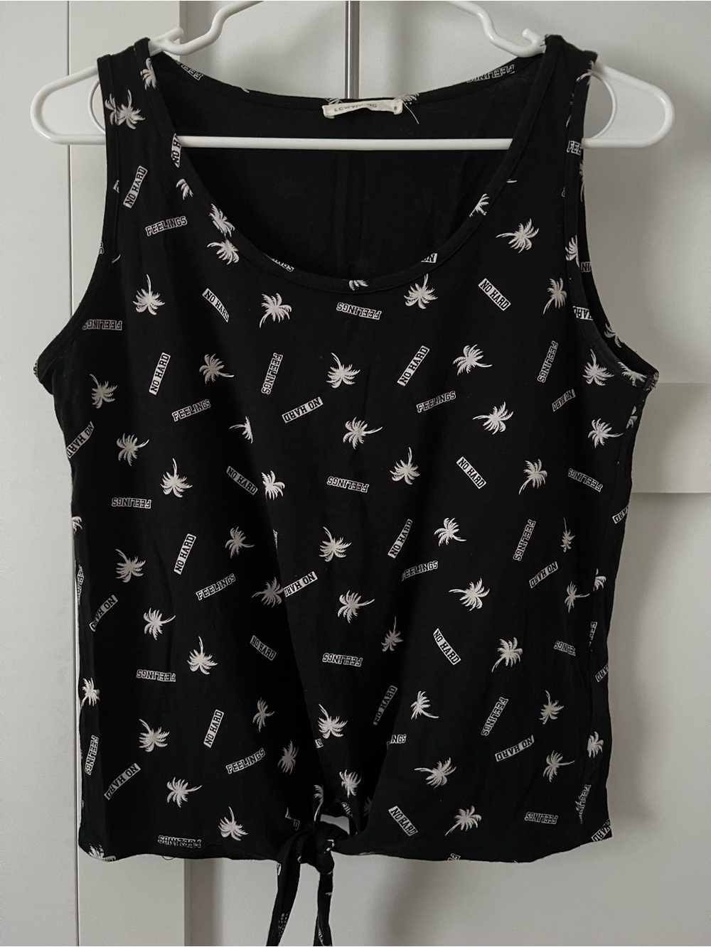 Black Palm-Print Tie-Hem Women's Tank Top